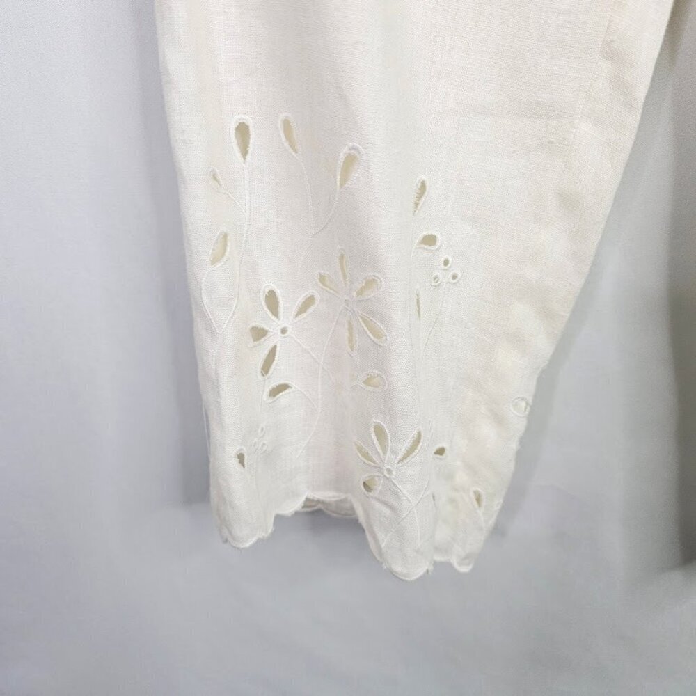 KATE HILL 100% Linen Crop Pants size 8 P OFF WHITE BEIGE Floral Cut Out Resort - Picture 3 of 7